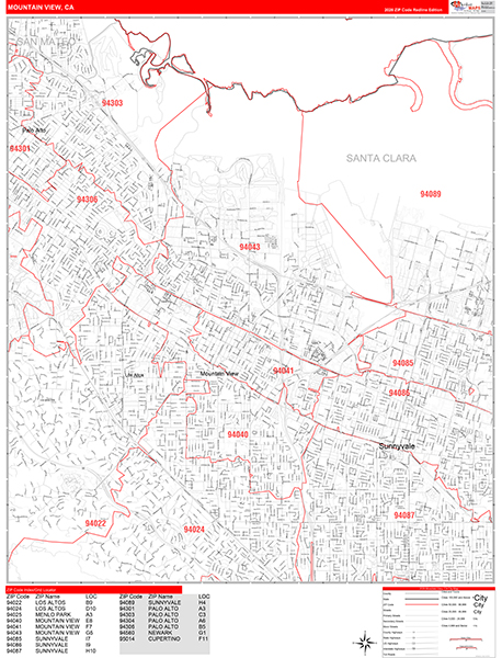 Mountain View Zip Code Wall Map